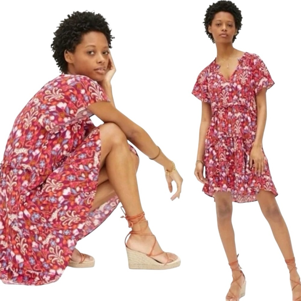 Anthropologie Robin Tiered Mini Dress Printed Red Floral Cat Ruffled Size Small